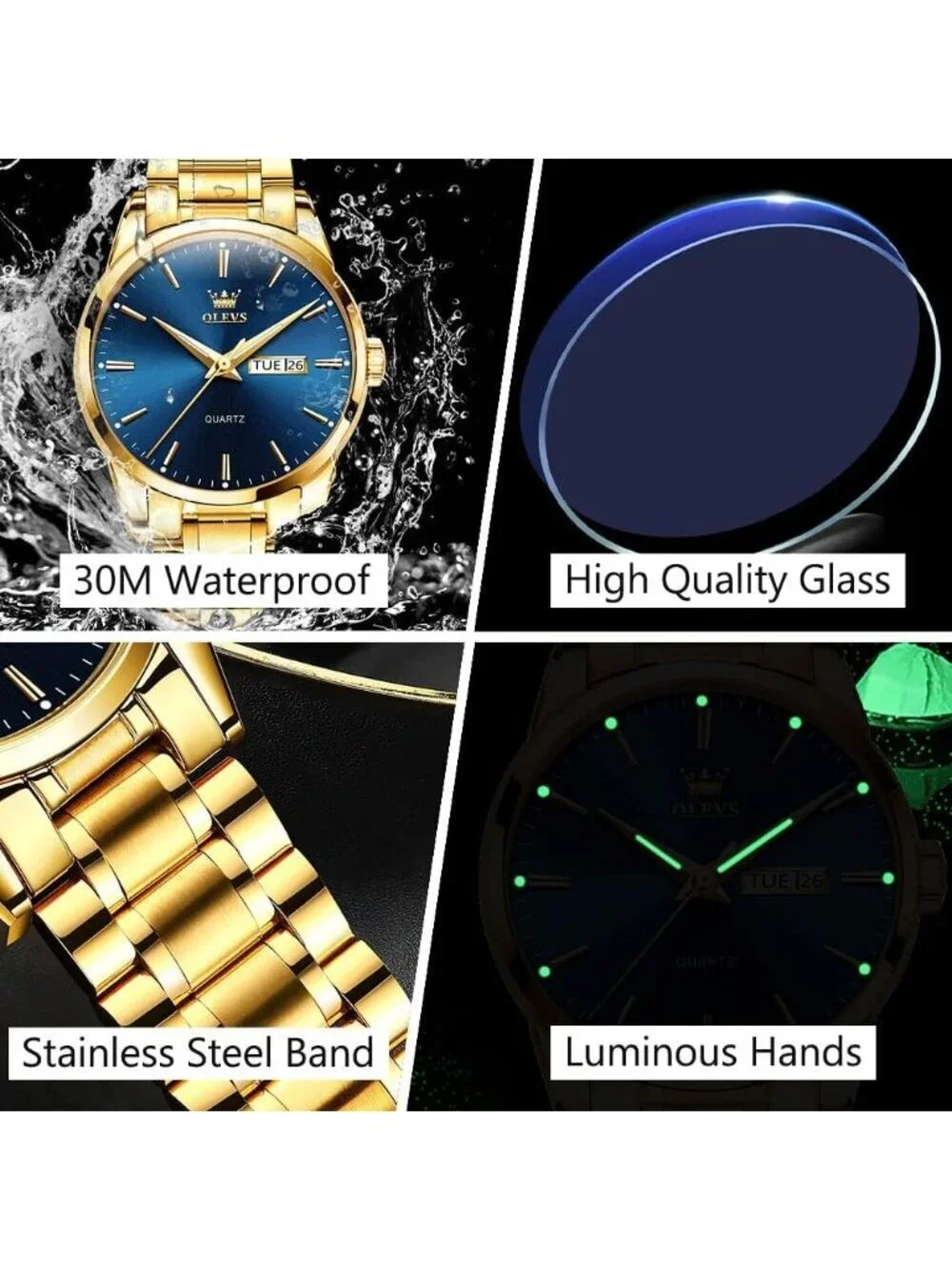Men's Gold Blue Stainless Steel Analog Quartz Classic Waterproof Round Watch